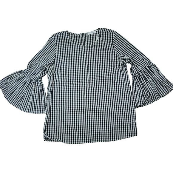 CALVIN KLEIN Women’s Black/White Gingham Bell Sleeve Blouse Keyhole Back Size M - Picture 1 of 8